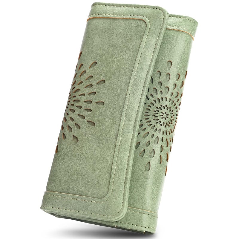 APHISON Womens Wallets RFID Blocking PU Leather Clutch Long Wallet for Women Card Holder Phone Organizer Ladies Travel Purse Hollow Out Sunflower Design Gift Box 2214GREEN - Image 1